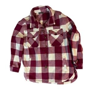 Shacket Plaid Oversized Button Front Jacket Shirt Burgundy Cream Size L